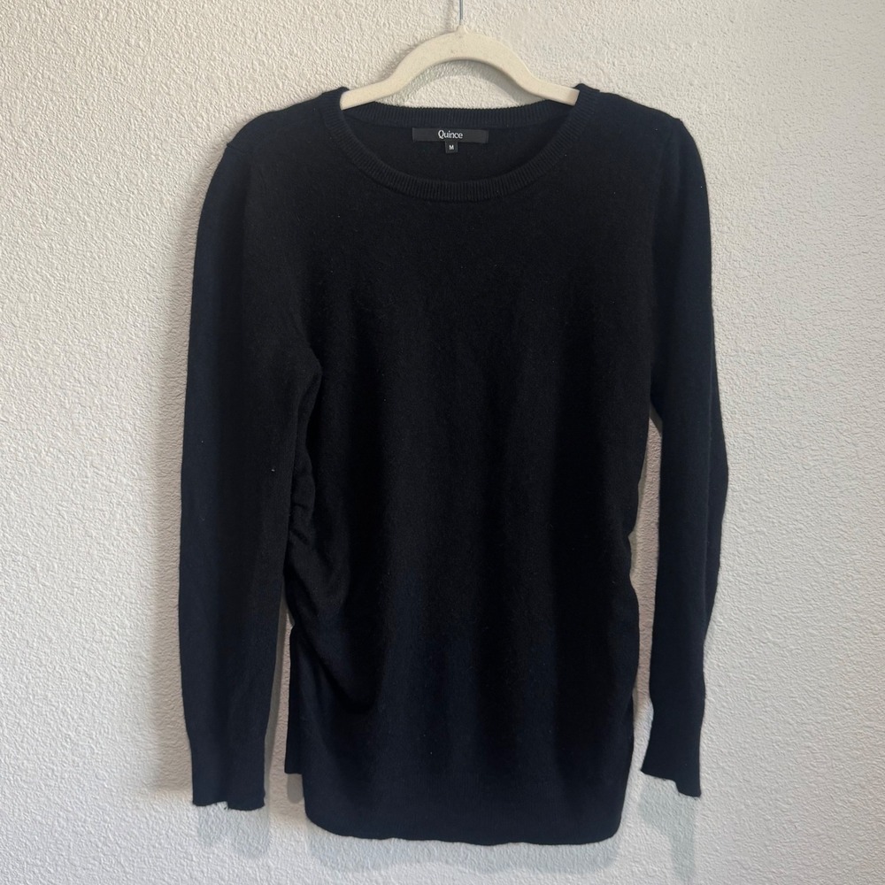 Quince Womens Black 100% Cashmere Ruched Side Crew Neck Sweater‎ Size M Minimal